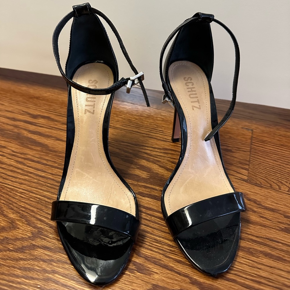 SCHUTZ Black Leather Heeled Sandals